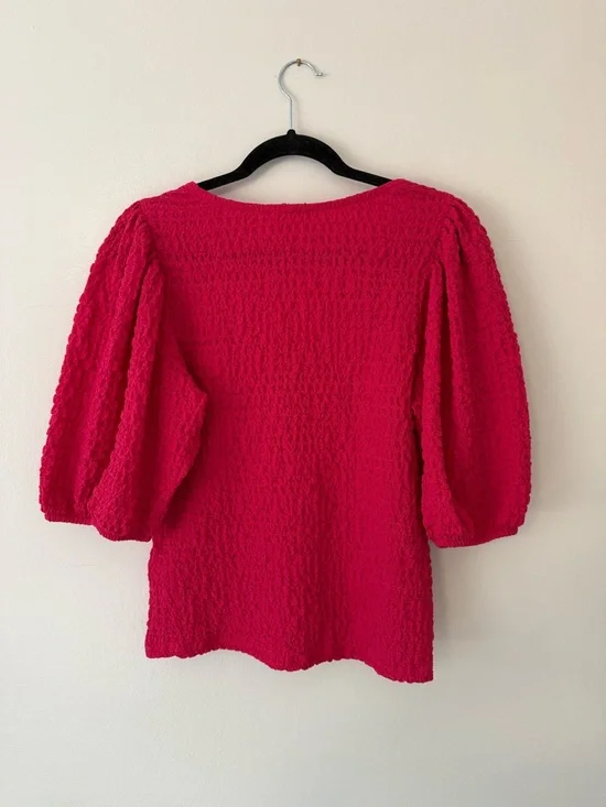Anthropologie Maeve Balloon Sleeved Textured Smocked Stretch Top Large Hot Pink - Picture 5 of 8
